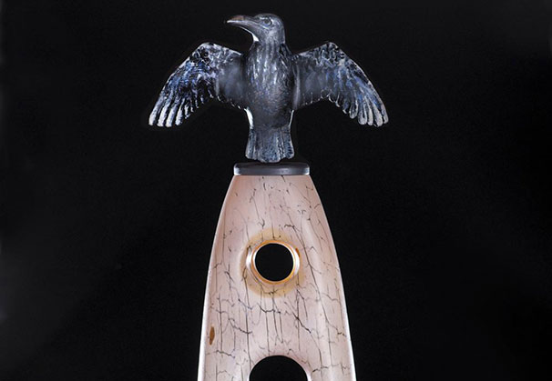 <i>Taos Raven Spirit Jar</i> (with Hib Sabin); 34 1/2 x 11 1/2 x 6 inches; blown and sculpted glass, carved juniper, oak
