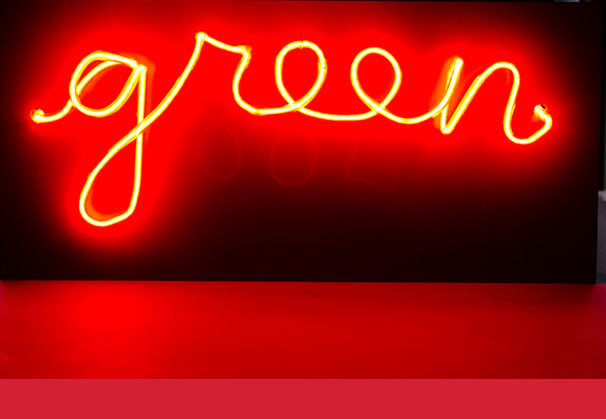 <i>Green Afterimage</i>, 2013; 34 x 16 x 5 inches; neon and wood. Photo by Echard Wheeler