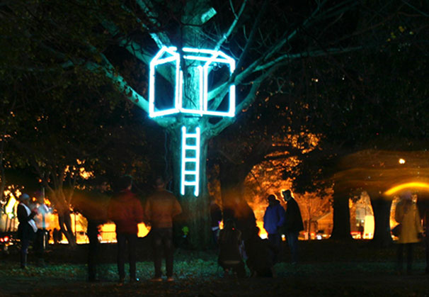 <i>Tree House</i>, 2014; 10 x 5 x 4 feet; neon installation (collaboration between Woodrow Collective members Hannah Kirkpatrick, Joan Biddle, and Kristi Totoritis)
