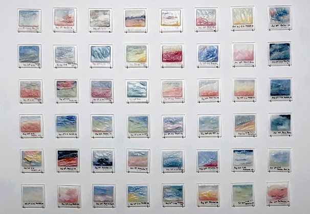 <i>A Daily Sense of Sunsets</i>, 2019; each square 4 x 4 x 0.4 inches; kiln-formed glass
