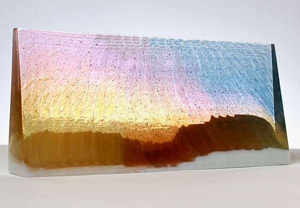 <i>Desert Sunset 109</i>, 2025;  7 x 16 x 2 inches; kilnformed glass sculpture 