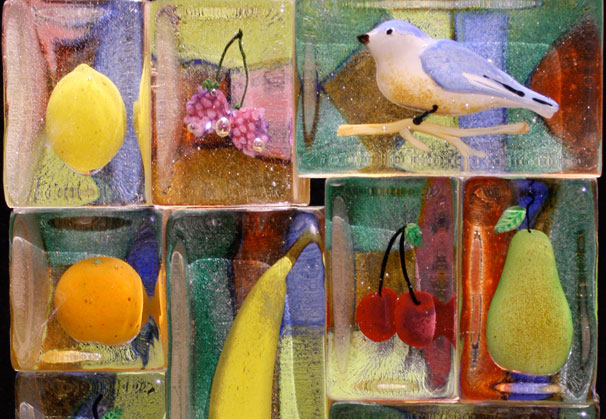 <i>Fruit Study</i>, 2012; 15 x 14 ¼ x 3 ¾ inches; assembled sand cast glass with sculpted and painted inclusions