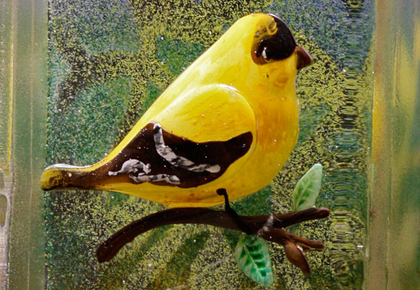 <i>Goldfinch</i>, 2012; 9 ¾ x 6 x 3 inches; assembled sand cast glass with sculpted and painted inclusions