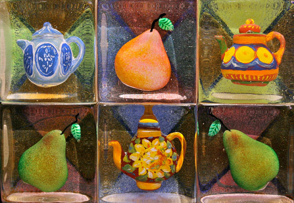 <i>Pots and Pears</i>, 2012; 10 x 14 ¼ x 3 ¾ inches; assembled sand cast glass with sculpted and painted inclusions