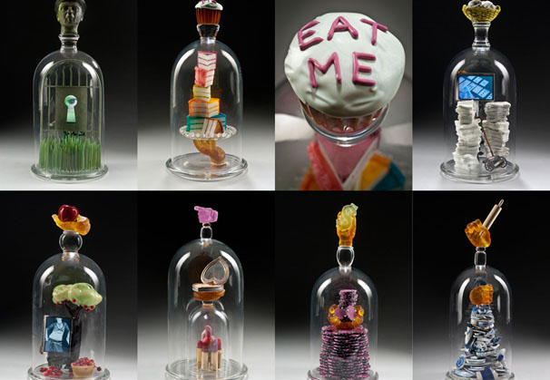 <i>The Seven Deadly Sins</i>, 2010; blown and cast glass, electronics, found objects, video; 7 vessels each representing one of the 7 deadly sins