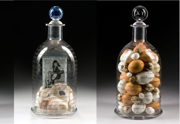 <i>Apothecarium Moderne</i>, 2010; 9 cures for 9 contemporary, societal ailments such as loss of faith, overpopulation and financial insecurity; blown and cast glass, electronics, found objects, video