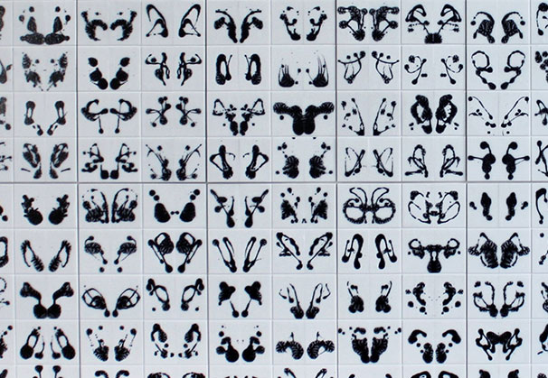 <i>Rorschach I – XXI</i>, 2014; 34.125 x 19.125 inches each, 102.625 x 134.625 inches (installed); sheet glass mounted on plastic