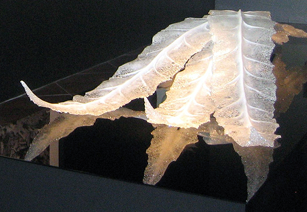 <i>Ice Leaves</i>, nested stack of three; 7 feet long x 3 feet wide x 18 inches high (large photo also shows works on paper)