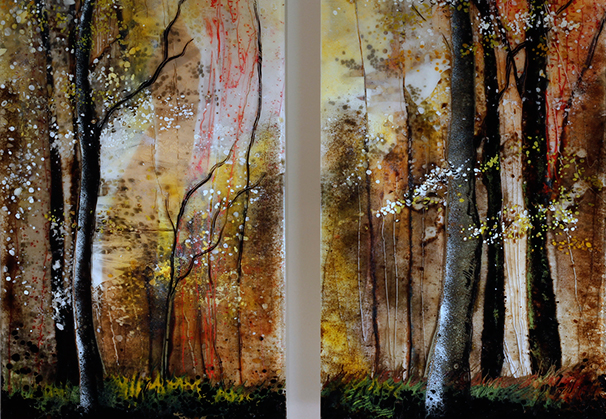 <i>Approaching Dawn</i> in triptych, 2018; 32 x 51 inches; kiln formed glass panels 
