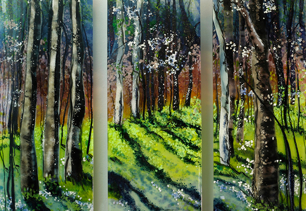 <i>Into the Woods I Find my Soul</i> in triptych; 23 x 26 inches; kiln formed glass panels 
