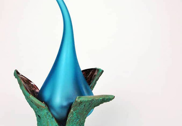 <i>Zaisheng Sprout</i>, 2020; 38 x 26 x 14 inches; mold blown & hot sculpted glass with copper patina
