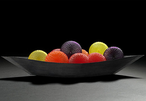 <i>Anecdotes in Laughter</i>, 2010; blown glass spheres with cold work; 27-1/2 x 4-3/4 x 7-3/4 inches