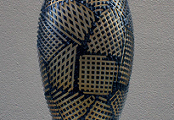 <i>Little Stitches</i>, 2010; blown glass vessel with cold worked surface; 19 x 10-1/2 x 9-1/2 inches