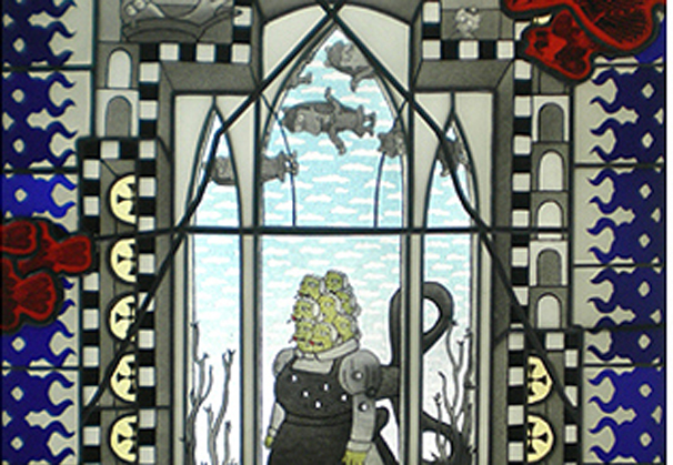 <i>Lunch Lady Doris</i>, 2010; vitreous enamel stained glass in LED light box/ stainless frame; 33.25 x 23.25 x 2 inches

