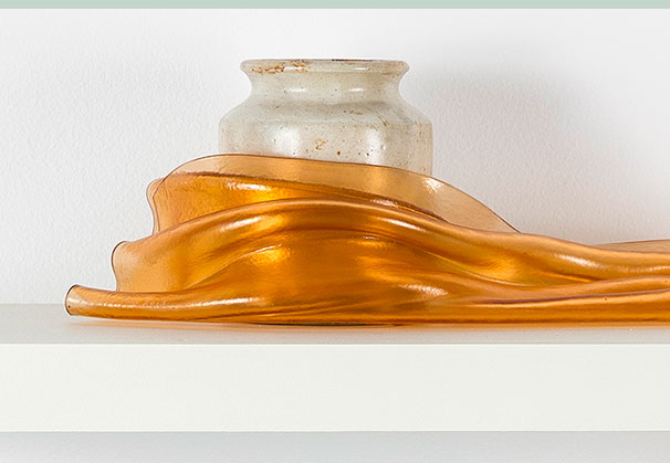 <i>Apricots - abundance</i>, 2013; 33 x 33 x 27 centimeters; kiln-formed glass and shelf