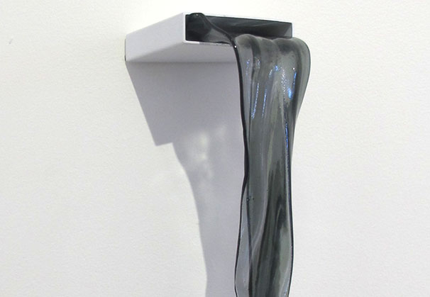 <i>Folds of a soft grey day</i>, 2014; 26 x 10 x 11 centimeters; kiln-formed glass, aluminum shelf