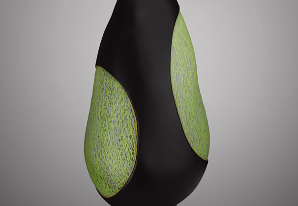 <i>Introverre Purple and Green Carved Vessel</i>, 2015: 16.75 x 8.5 x 5.5 inches; furnace glass