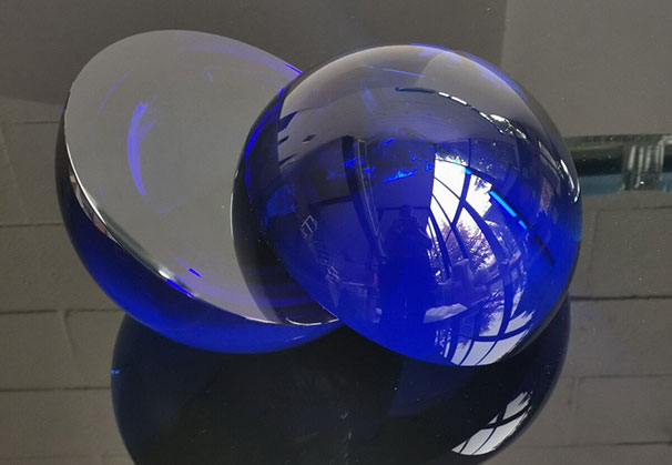 <i>Blue Halfspheres</i>, 2019; 
14 x 27.5 x 19.5 centimeters; blue optical glass

