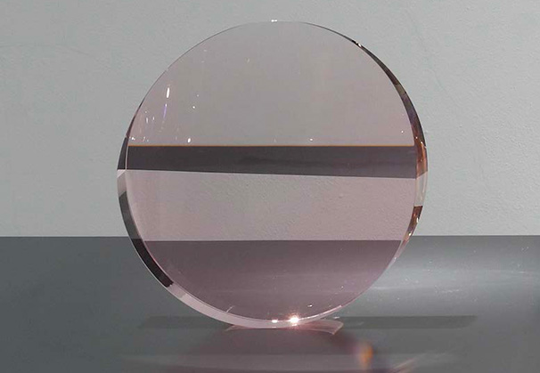 <i>Pink Horizon I, 4/6</i>, 2020;
30.5 x 30.5 x 6 centimeters; pink optical glass
