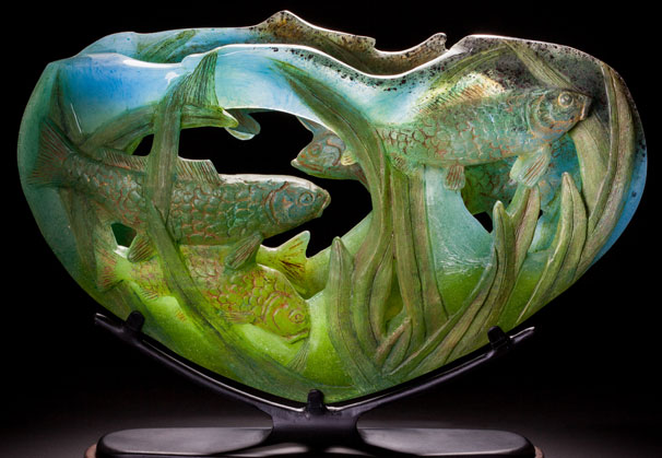 <i>Koi Shallows</i>, 16 x 22 x 6 inches, cast glass