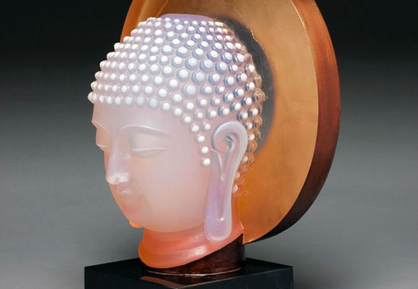 <i>Buddha</i>, 2017; 16 x 14 x 8 inches; hot cast glass, metal leaf, copper
