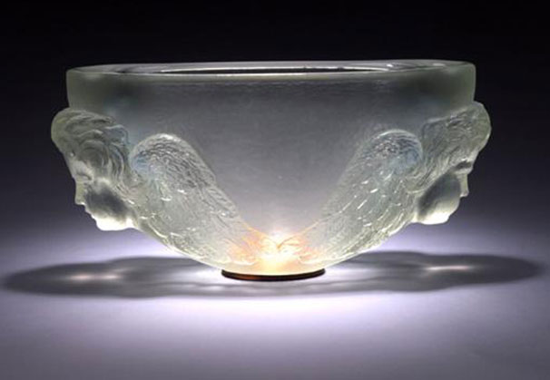 <i>White Opal Putti Bowl</i>; 22 x 10 x 7 inches; cast glass, copper, patina
