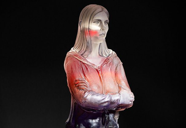 <i>Candace</i> (standing), 2019; 52 x 18 x 18 inches; mold-blown glass, concrete, steel