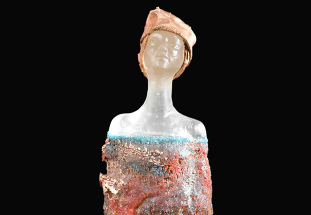 <i>Bucolic Girl</i>, 2025; 17 x 9 x 8 inches;  pâte de verre and copper