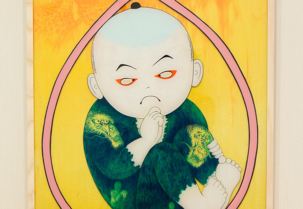 <i>Kabuki in Mommy's Tummy</i>, 2016; 27 × 20.5 inches; sheet color glass and acrylic paint