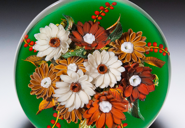 Untitled, 2019; 3-3/16 inches diameter; flame-worked fall daisy bouquet paperweight. 