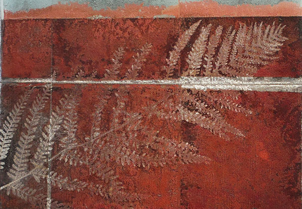 <i>FLORILEGIUM HANDRUPENSE IV</i>, 2014; Micha Karlslund; 15 x 13-1/4 inches (38 x 34 cm); glass/metal foil/plants