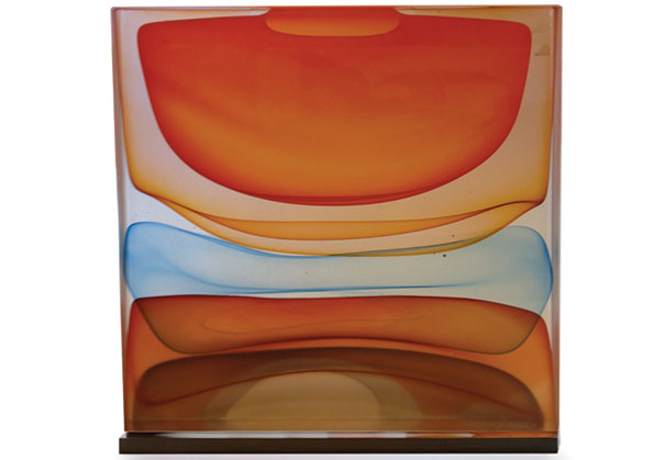 <i>Infusion Block in Orange, Gold, Blue, and Cherry</i>, 2014; 12 1/2 X 4 X 14 inches; Blown and solid-worked, kiln-cast, cold-worked glass