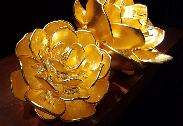 <i>Golden Bloom</i>, 2019; Medium: 14 x 11 x 10 inches, Small: 9 x 8 x 8 inches; hot sculpted glass
                                
