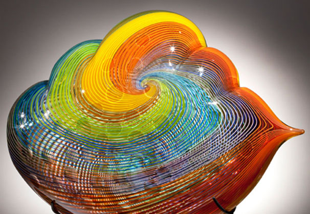 <i>Kaleidoscope Cloud</i>, 2012; 18 x 18 x 7 inches; blown and carved with stand. Photo by Russell Johnson