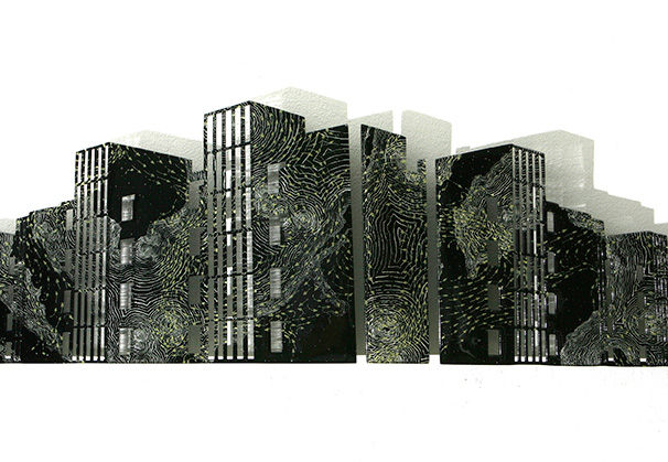 <i>Tower Block I</i>, 2008; 9.875 x 34.5 x 1.25 inches installed; waterjet cut, enameled, and fused glass
