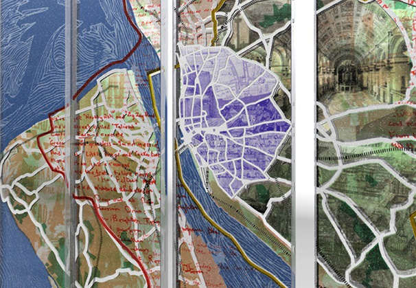 <i>Liverpool Map</i>, 2010 (detail); by Jeffrey Sarmiento and Inge Panneels; permanent installation at the Museum of Liverpool, England; glass.
