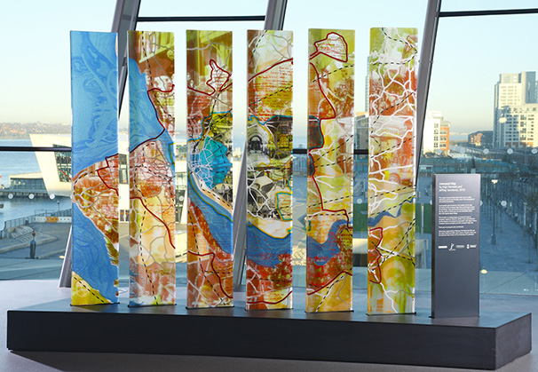 <i>Liverpool Map</i>, 2010; by Jeffrey Sarmiento and Inge Panneels; permanent installation at the Museum of Liverpool, England; glass. Photo: Simon Bruntnell