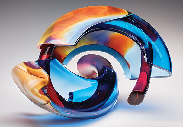 <i>Fractured Time in Blue</i>; 2022; 9 x 13 x 10 inches; blown glass