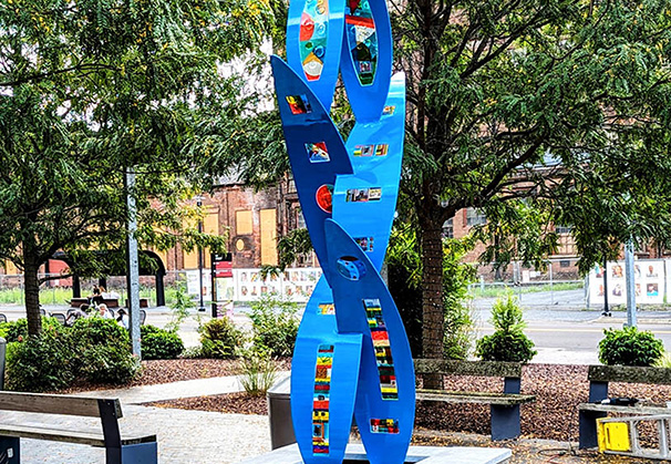 <i>Dream Soaring</i>, 2023; 84 x 30 x 18 inches; fused glass and steel 