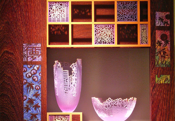 <i>Lilac Moon</i>, 2010; wenge, maple, aluminum, glass; 15 x 15 x 4½ inches 