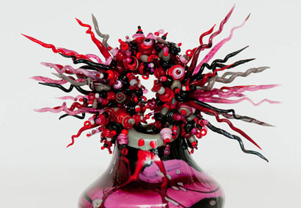 <i>Rosa Red Amulet Basket</i>, 2012; 13 x 13 inches; blown and torch worked glass