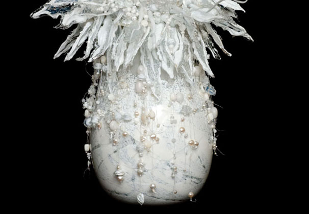 <i>Winter Pearl Amulet Basket</i>, 2010, 22 x 24 inches; blown and torch worked glass and pearls