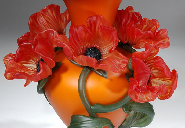 <i>Large Flower Vase Series, Salmon over Red with Red Poppies 2007</i>; blown and solid worked glass; 14.5 x 12.5 x 12 inches
