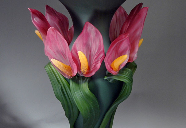 <i>Large Flower Vase Series, Dark Green over Aurora with Pink Calla Lilies 2008</i>; blown and solid worked glass, sandblasted surface; 19.5 x 12 x 12 inches
