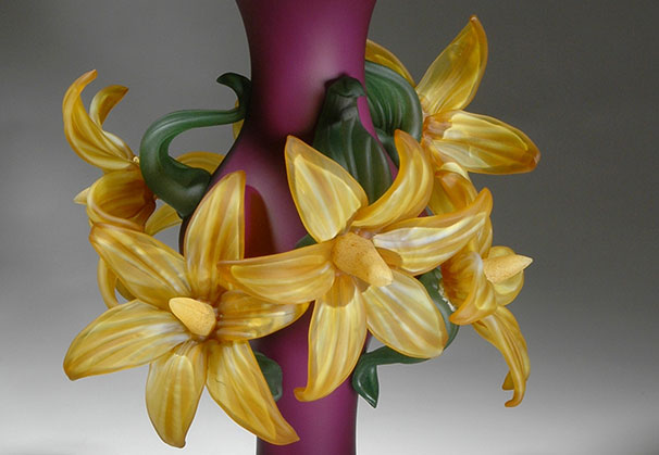 <i>Large Flower Vase Series, Purple over Sea Green Yellow Lilies 2009</i>; blown and solid worked glass, sandblasted surface; 19 x 12 x 12 inches
