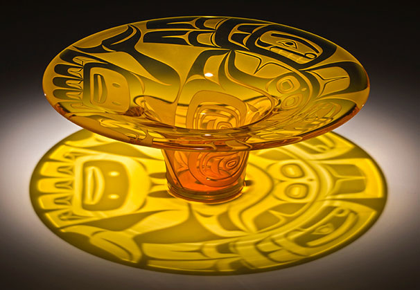 <i>Tlingit Crest Hat</i>, 2018; 5.75 x 15 inches; blown and sand-carved glass; photo: Russell Johnson