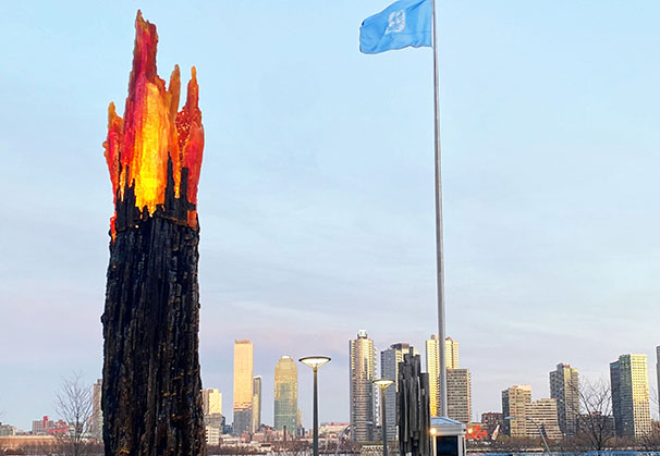 <i>Wildfire</i>, 2022; 96 x 16 x 16 inches; cast glass and bronze, on exhibit at The United Nations in New York City for the International Year of Glass in 2022