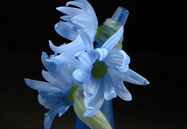 <i>Sprig Flower Series, Blue with Blue Flowers 2016</i>; hand blown and solid worked glass, sandblasted surface; 12 x 6 x 5 inches
