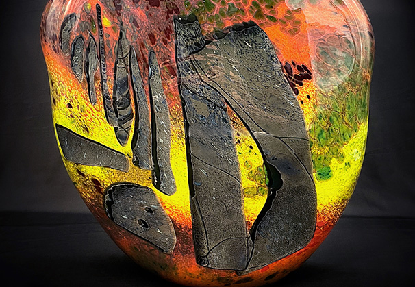 <i>Stone Vessel</i>, 1984; 16.5 x 14.5 x 4 inches; blown glass; featured in <i>William Morris Glass Artifact and Art</i>
