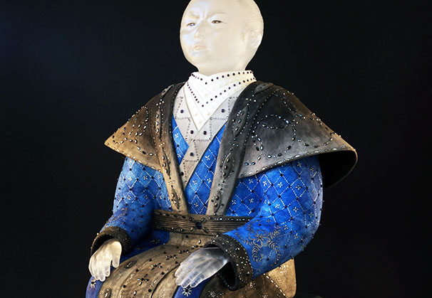 <i>Kimono Warrior</i>, 2015; 33 x 19 x 14 inches; cast glass, stoneware, paint, gemstones with steel base
